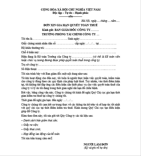 Mẫu đơn xin gia hạn thời gian quyết toán thuế