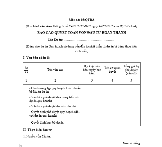 Mẫu báo cáo quyết toán vốn đầu tư hoàn thành