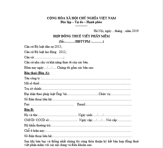 Mẫu hợp đồng thuê viết phần mềm