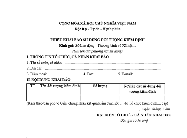 Mẫu phiếu khai báo sử dụng đối tượng kiểm định