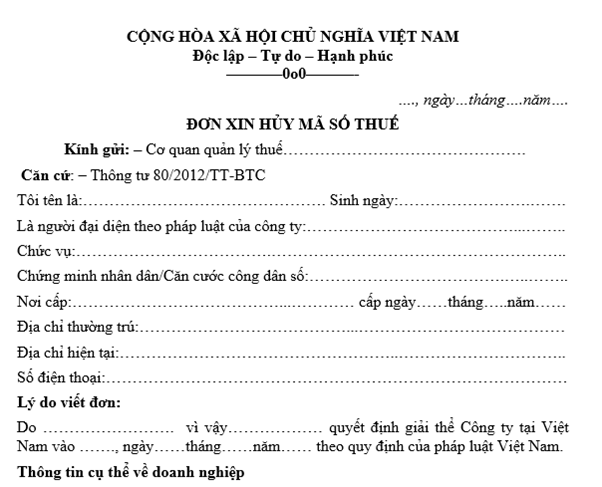Mẫu đơn xin hủy mã số thuế