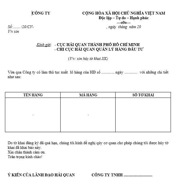Mẫu công văn hủy tờ khai xuất khẩu