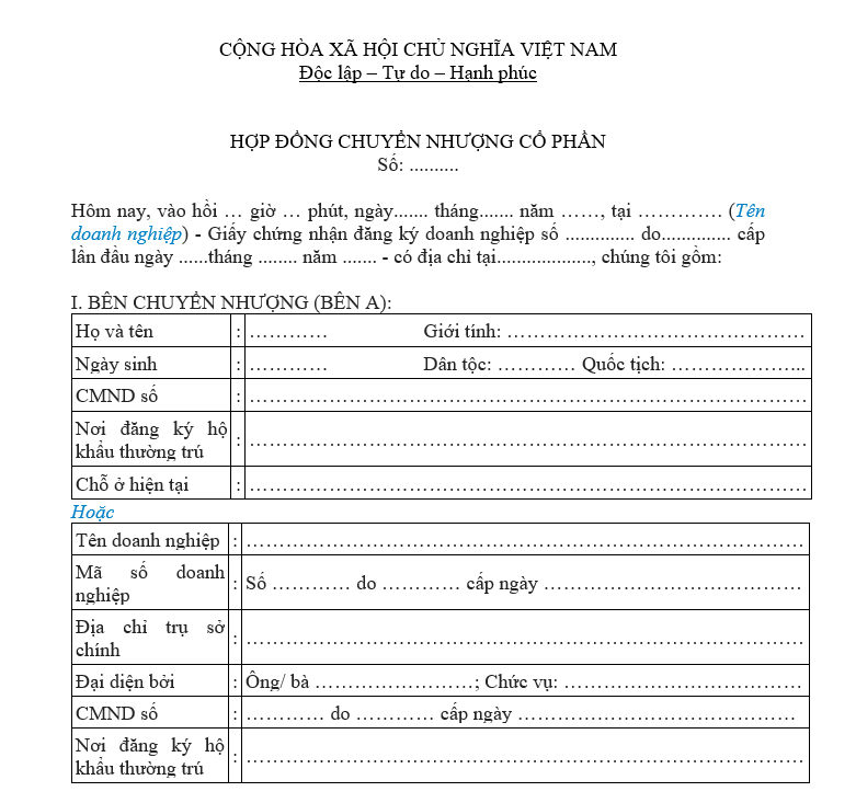 Mẫu hợp đồng chuyển nhượng cổ phần mới nhất