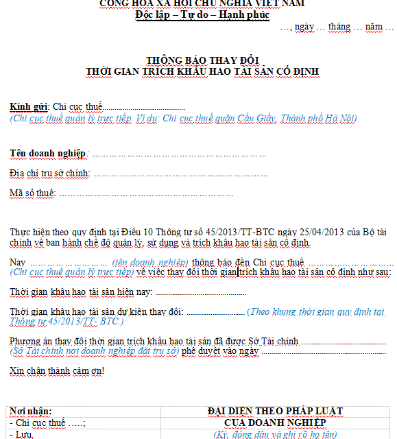 Mẫu thông báo thay đổi thời gian trích khấu hao tài sản cố định