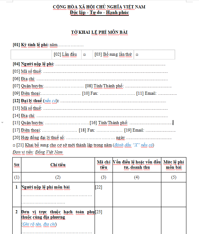 Mẫu tờ khai lệ phí môn bài