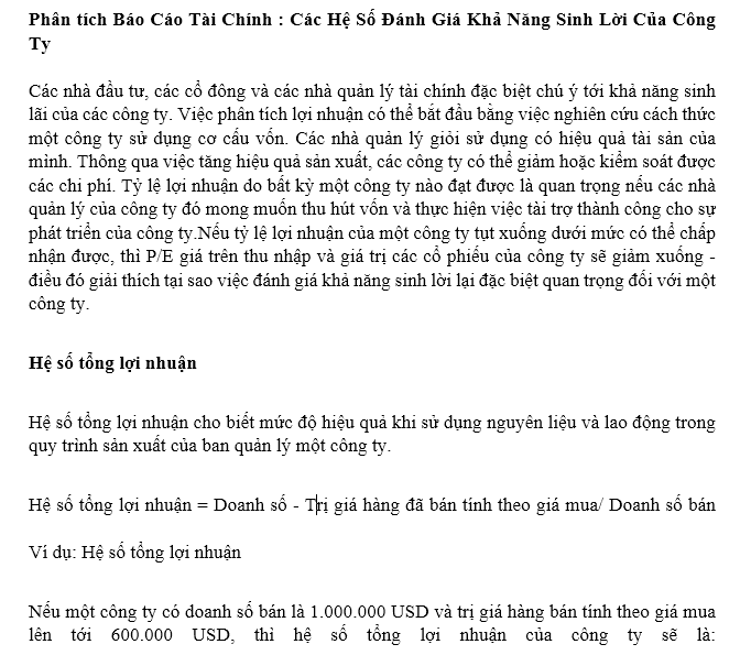 Phân tích Báo Cáo Tài Chính : Các Hệ Số Đánh Giá Khả Năng Sinh Lời Của Công Ty