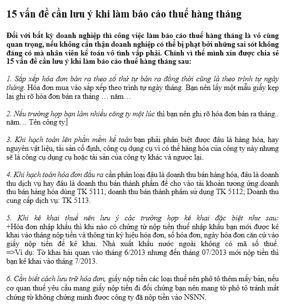 15 vấn đề cần lưu ý khi làm báo cáo thuế hàng tháng