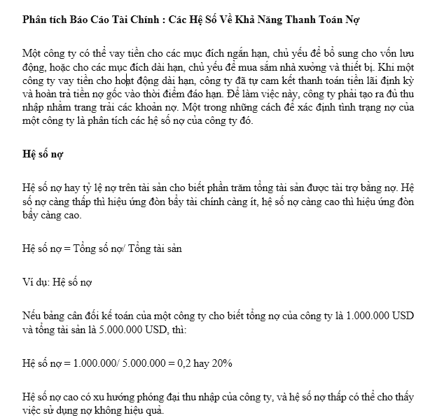 Phân tích Báo Cáo Tài Chính : Các hệ số về khả năng thanh toán nợ