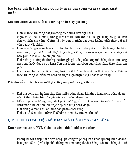 Kế toán giá thành trong công ty may gia công và may mặc xuất khẩu