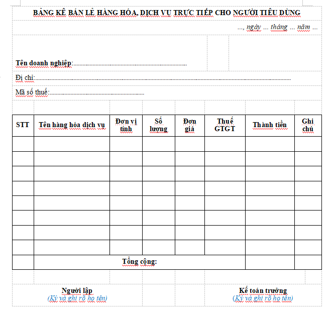 Bảng kê bán lẻ hàng hóa, dịch vụ trực tiếp cho người tiêu dùng trong doanh nghiệp tư nhân
