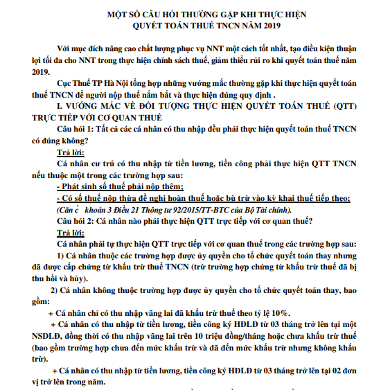 30 câu hỏi thường gặp khi thục hiện quyết toán thuế