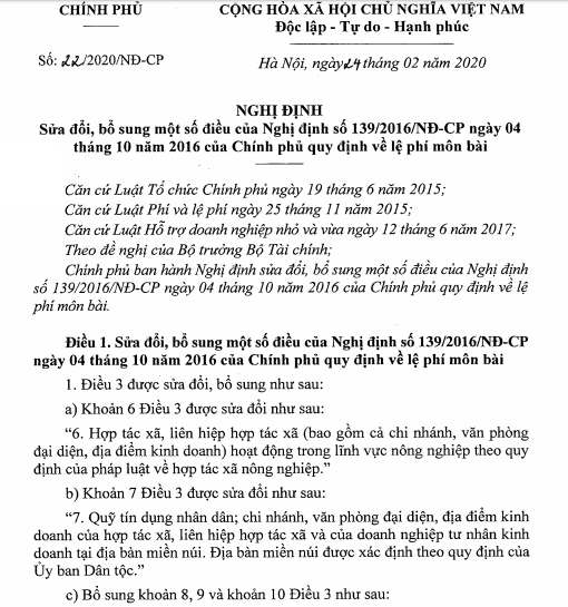 Nghị định 22.2020 về thuế môn bài
