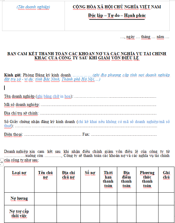 Mẫu bản cam kết thanh toán các khoản nợ và nghĩa vụ tài sản khác của doanh nghiệp sau khi giảm vốn điều lệ
