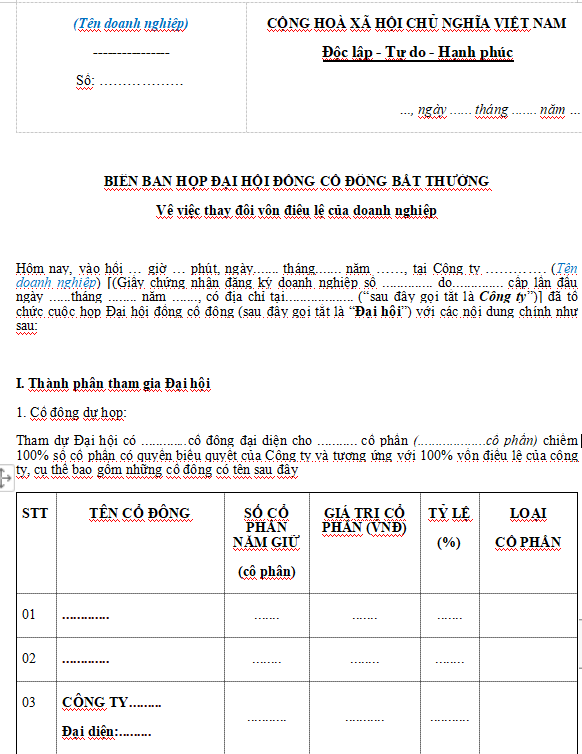 Mẫu biên bản họp đại hội đồng cổ đông về việc thay đổi vốn điều lệ của doanh nghiệp