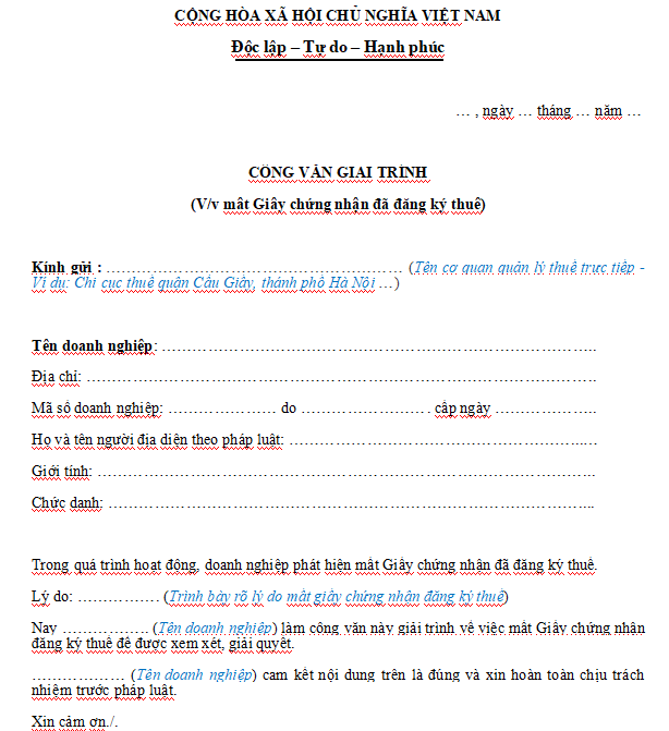 Mẫu công văn giải trình về việc mất giấy chứng nhận đăng ký thuế của công ty
