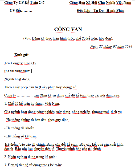 Mẫu công văn đăng ký thực hiện hình thức, chế độ kế toán, sử dụng hóa đơn