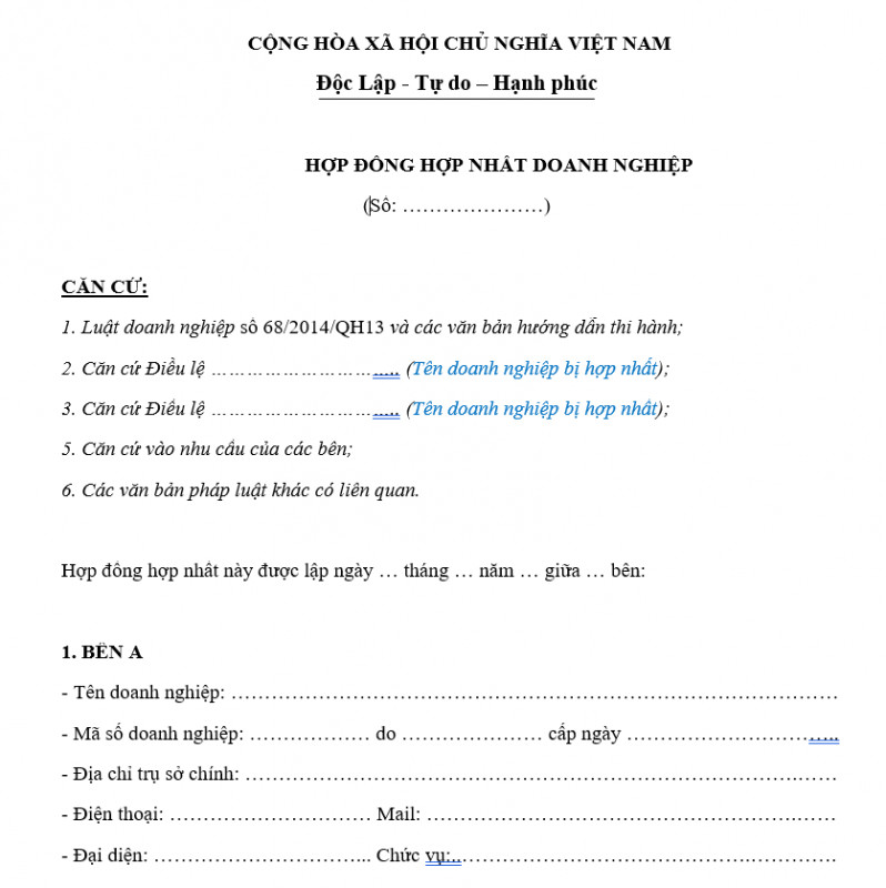 Mẫu hợp đồng hợp nhất doanh nghiệp mới nhất