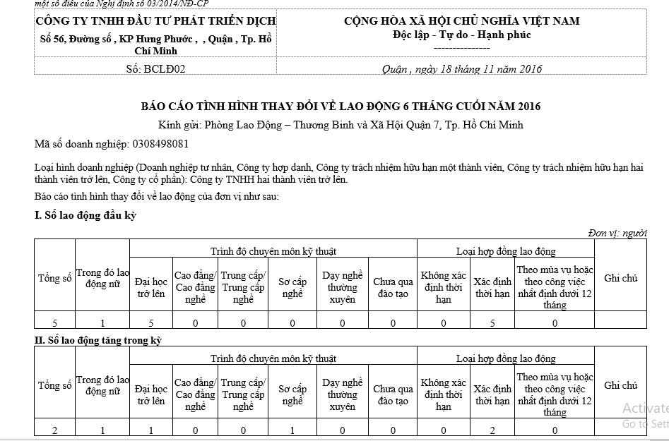 Báo cáo tình hình thay đổi lao động 6 tháng đầu năm