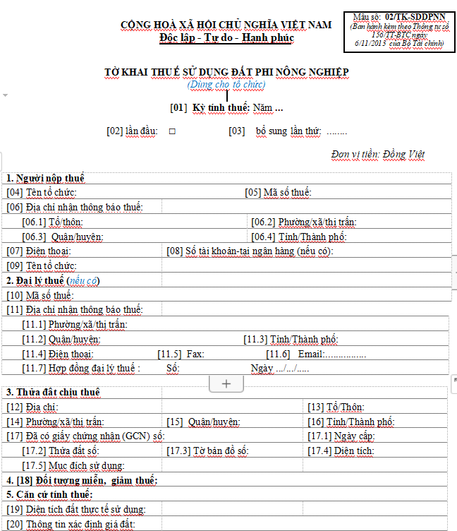 Mẫu tờ khai thuế sử dụng đất phi nông nghiệp