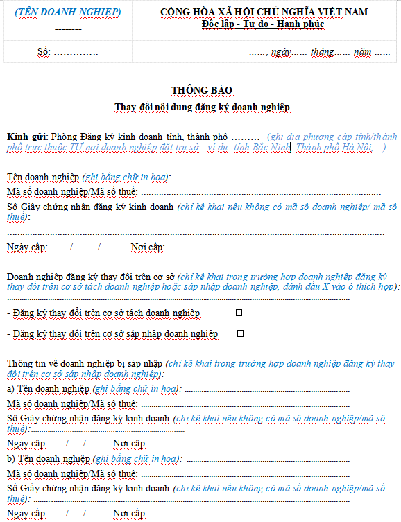 Mẫu thông báo thay đổi cổ đông là nhà đầu tư nước ngoài