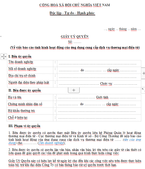 Mẫu giấy ủy quyền báo cáo hoạt động ứng dụng cung cấp dịch vụ thương mại điện tử trong doanh nghiệp