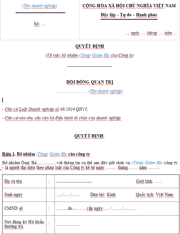 Mẫu quyết định bổ nhiệm giám đốc công ty cổ phần