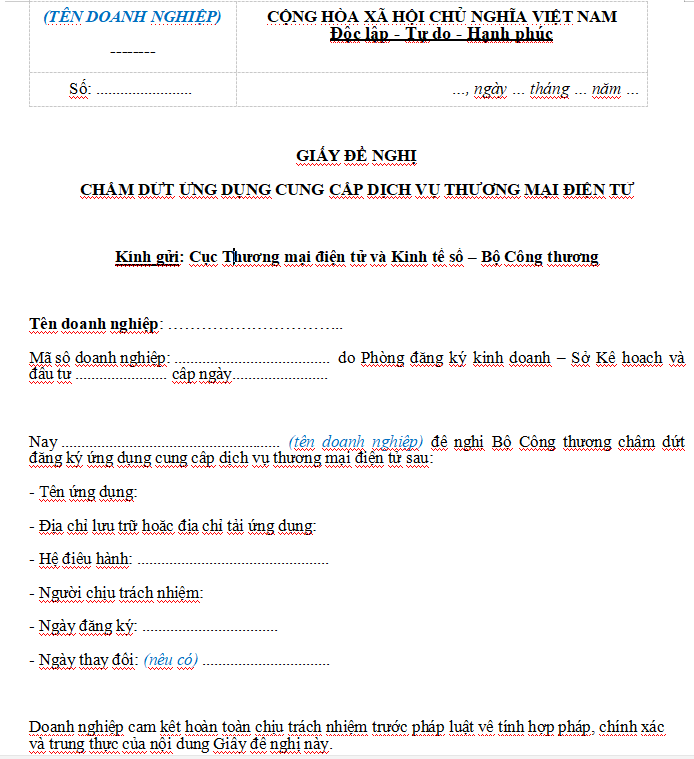 Mẫu giấy đề nghị chấm dứt ứng dụng cung cấp dịch vụ thương mại điện tử trong doanh nghiệp