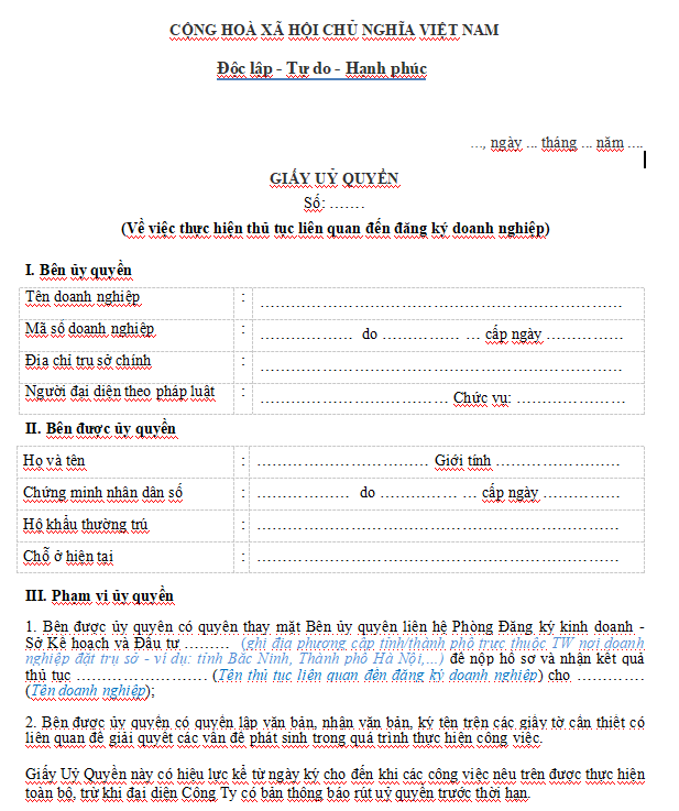 Mẫu giấy ủy quyền thông báo lập địa điểm kinh doanh của công ty