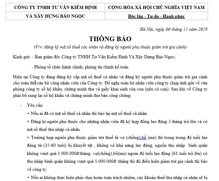 Mẫu thông báo đăng ký mã số thuế các nhân và đăng ký người phụ thuộc giảm trừ gia cảnh