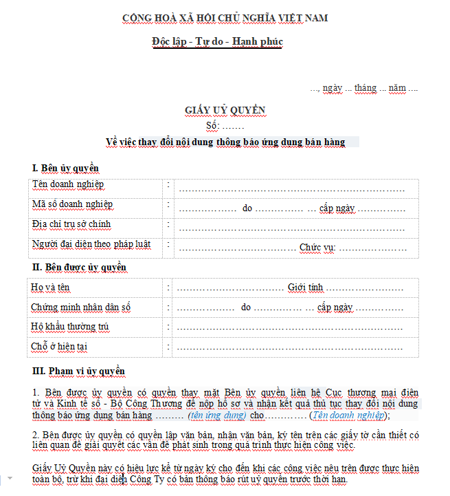 Mẫu giấy ủy quyền thay đổi thông tin ứng dụng bán hàng trong doanh nghiệp