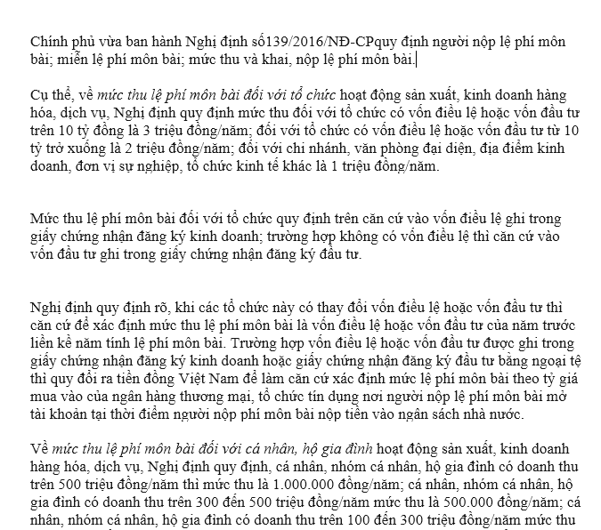 7 trường hợp được miễn lệ phí môn bài theo nghị định số 139/2016/NĐ-CP