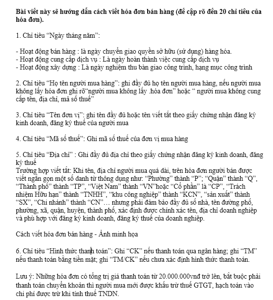 Hướng dẫn viết hóa đơn bán hàng chi tiết - đầy đủ 20 chỉ tiêu.