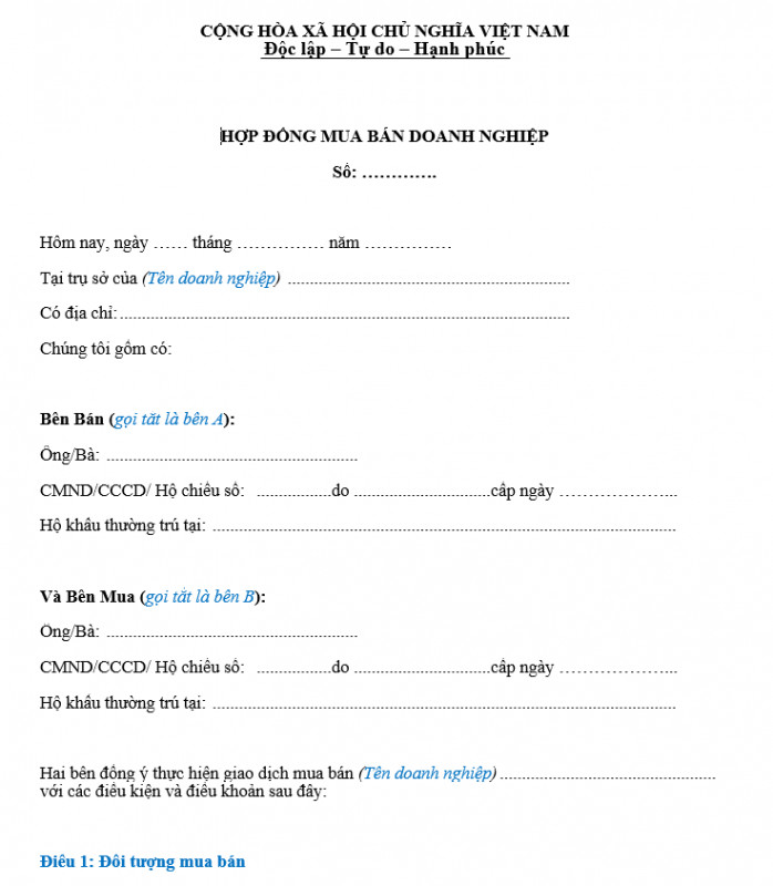 Mẫu hợp đồng mua bán doanh nghiệp mới nhất