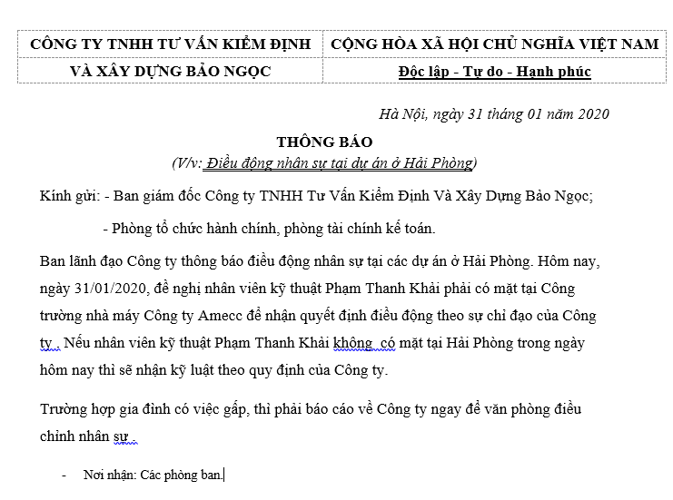 Mẫu thông báo điều chỉnh nhân sự cho các dự án