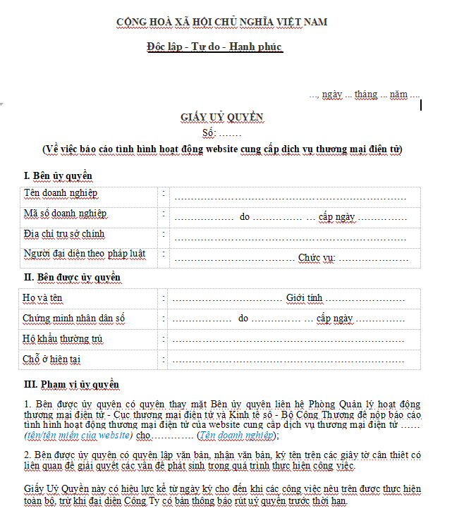 Mẫu giấy ủy quyền báo cáo hoạt động website dịch vụ thương mại điện tử trong công ty