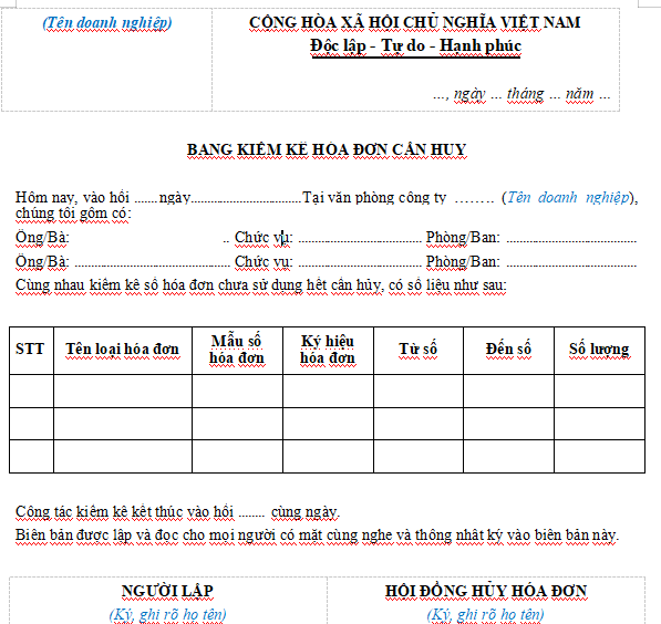 Mẫu bảng kiểm kê hóa đơn cần hủy trong công ty