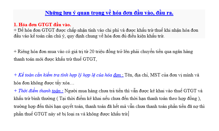 Những lưu ý quan trọng về hóa đơn đầu vào, đầu ra