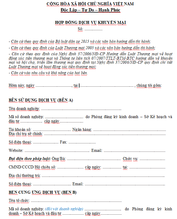 Mẫu hợp đồng dịch vụ khuyến mại trong công ty