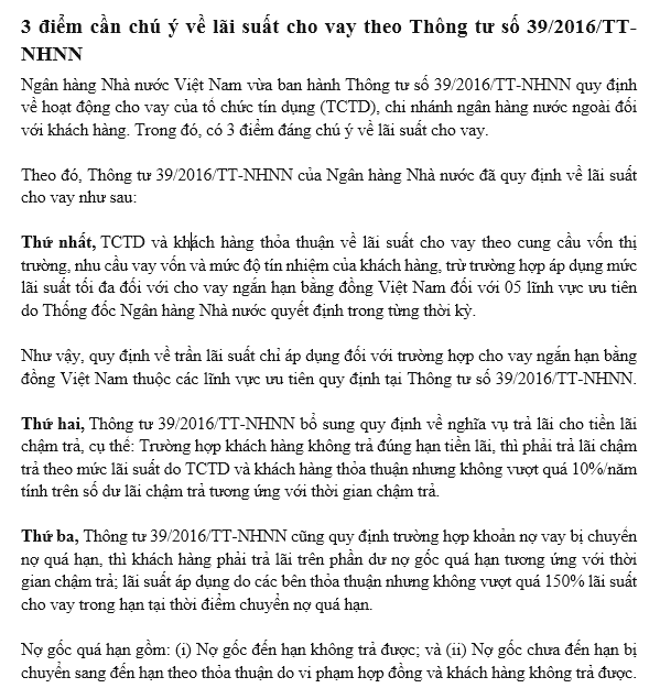 3 điểm cần chú ý về lãi suất cho vay theo Thông tư số 39/2016/TT-NHNN