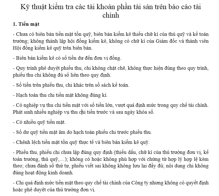 Kỹ thuật kiểm tra các tài khoản phần tài sản trên báo cáo tài chính