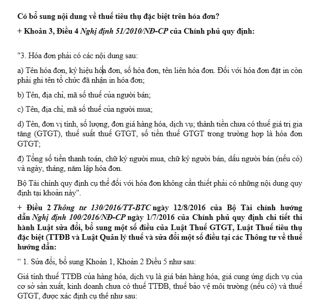Bổ sung nội dung về thuế tiêu thụ đặc biệt trên hóa đơn?