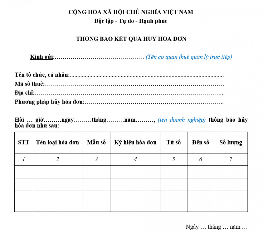 Mẫu thông báo kết quả hủy hóa đơn trong doanh nghiệp