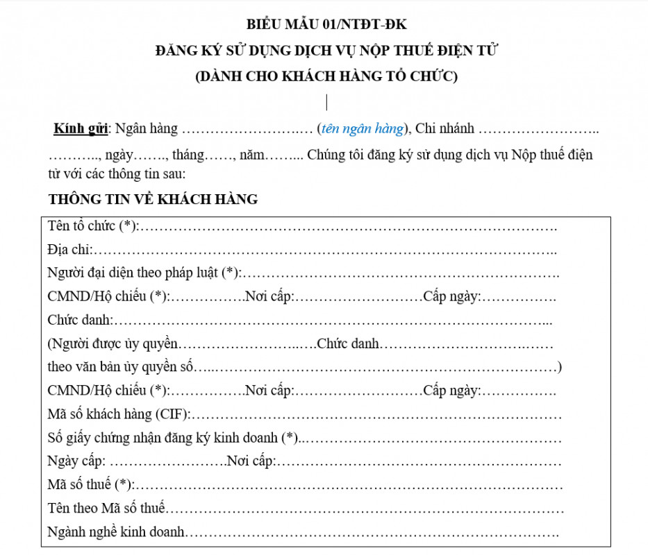 Biểu mẫu đăng ký sử dụng dịch vụ nộp thuế điện tử