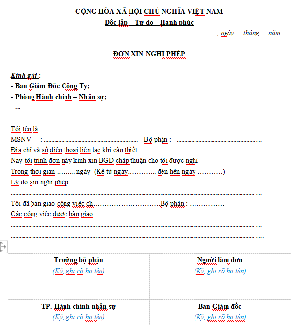 Mẫu đơn xin nghỉ phép mới nhất