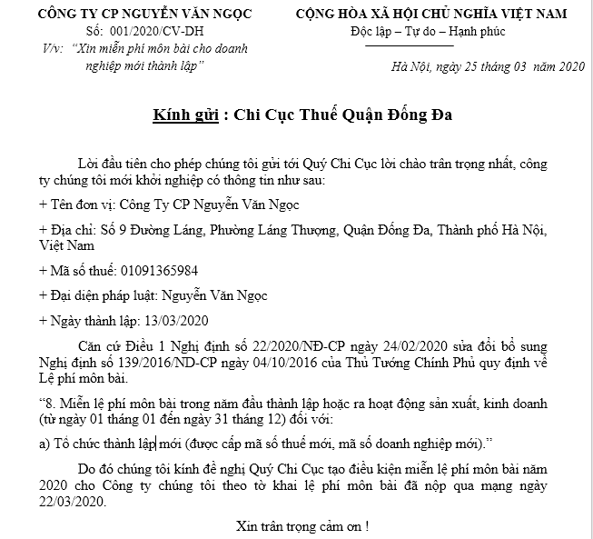 Công văn xin miễn lệ phí môn bài mới nhất năm 2020