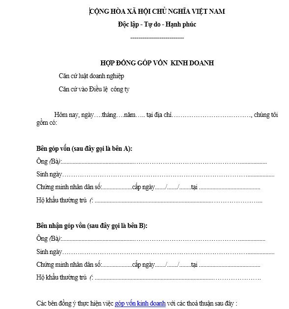 Mẫu hợp đồng góp vốn kinh doanh