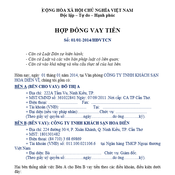 Mẫu hợp đồng vay vốn cá nhân - huy động vốn cá nhân