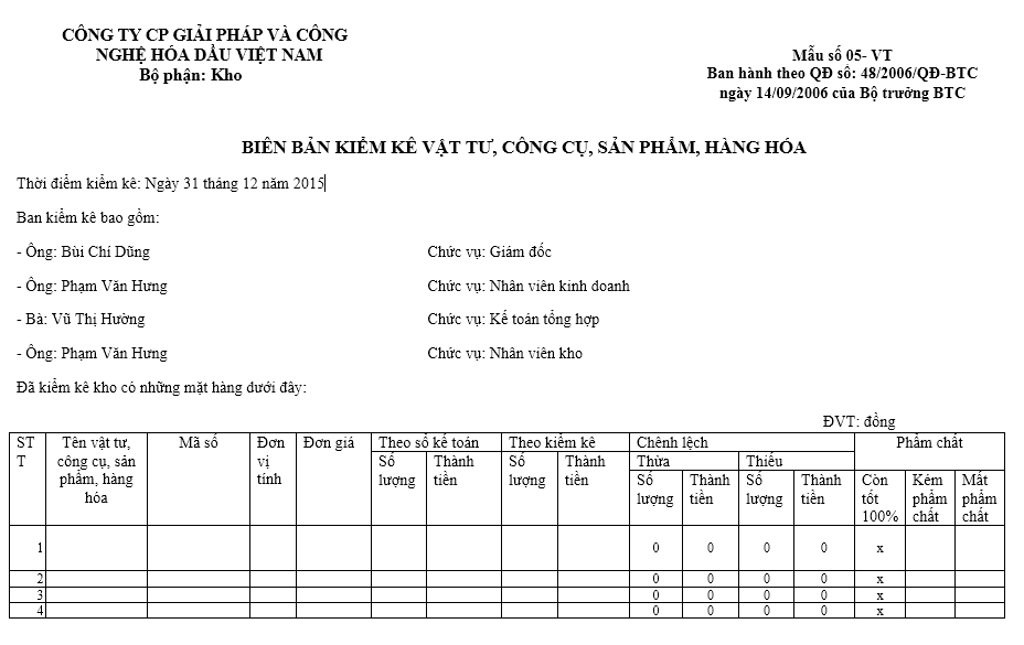 Mẫu biên bản kiếm kê hàng hóa