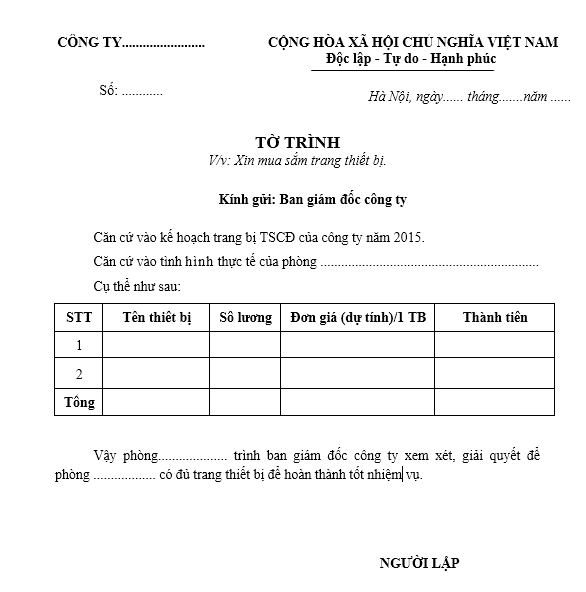 Mẫu tờ trình xin mua sắm tài sản