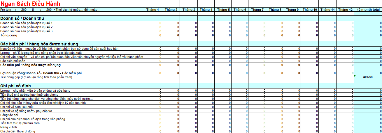 Mẫu bảng ngân sách điều hành mới nhất